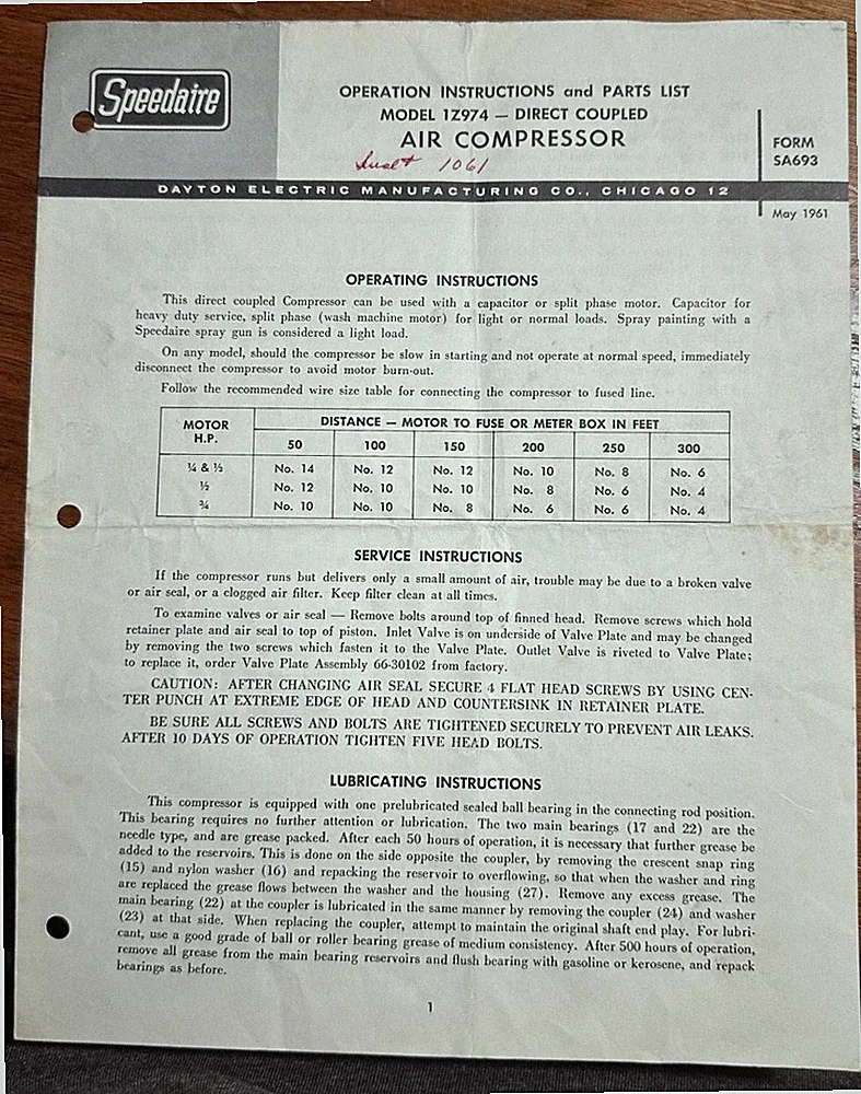 1961 Speedaire Dayton Air Compressor 1Z974 Operation Instructions & Parts List